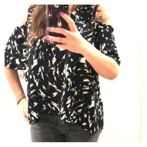 Navy blue and white, open shoulder blouse